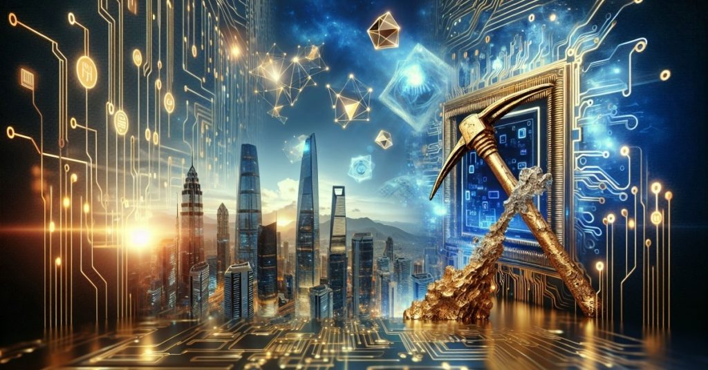 A futuristic digital chessboard symbolizing AI and quantum computing innovation, with pieces representing Nvidia, AMD, and IonQ.