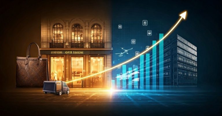 Illustration featuring luxury retail items alongside e-commerce symbols with digital AI patterns and an upward-trending financial chart in the background.