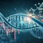 CRISPR molecule interacting with a strand of DNA, symbolizing the precision and potential of gene editing technology.