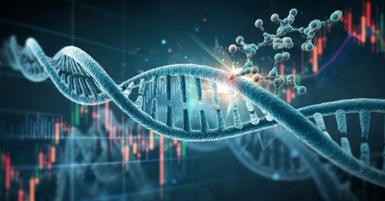 CRISPR molecule interacting with a strand of DNA, symbolizing the precision and potential of gene editing technology.