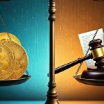 A balance scale with cryptocurrencies on one side and regulatory documents on the other, symbolizing the battle for balance in the market.
