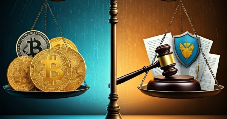 A balance scale with cryptocurrencies on one side and regulatory documents on the other, symbolizing the battle for balance in the market.