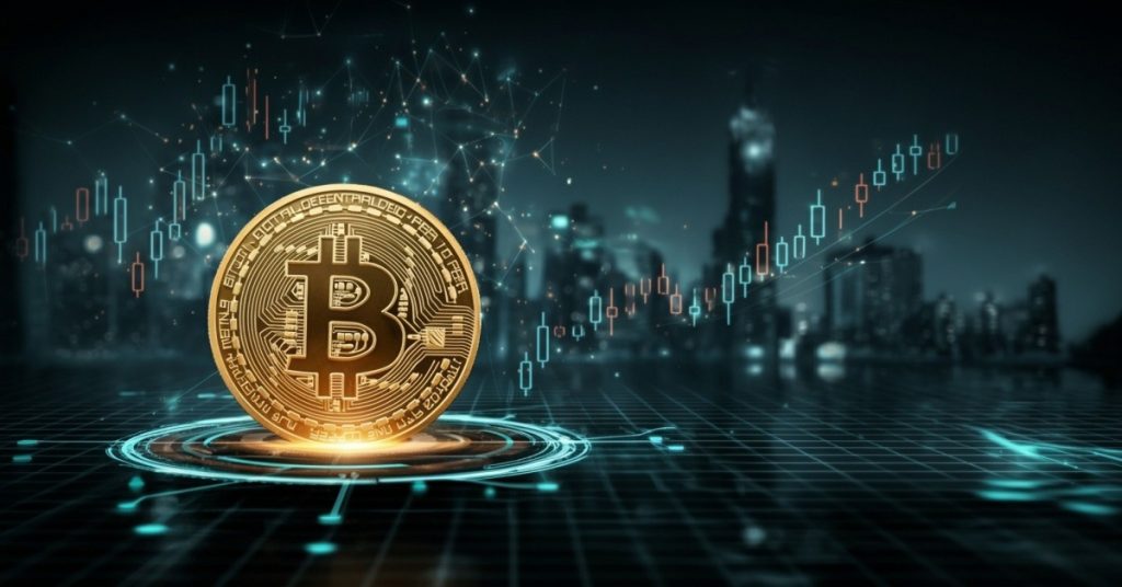 Futuristic financial scene with a glowing Bitcoin coin on a blockchain grid symbolizing the rise of cryptocurrencies, ETFs, and blockchain in reshaping traditional finance.