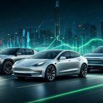 Futuristic scene featuring Tesla, Rivian, and Lucid vehicles on a modern highway, withdigital financial graphs symbolizing the growth and innovation in the EV market.