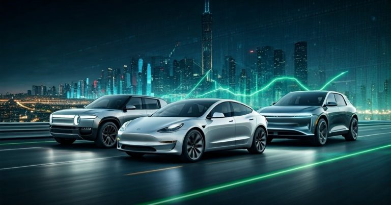 Futuristic scene featuring Tesla, Rivian, and Lucid vehicles on a modern highway, withdigital financial graphs symbolizing the growth and innovation in the EV market.