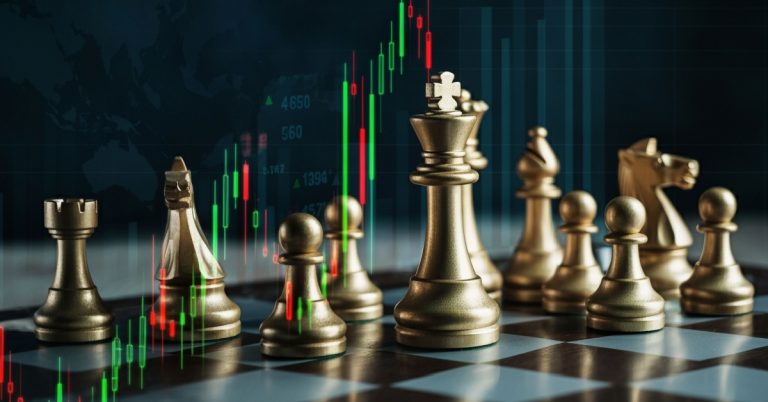 A chessboard overlayed with global market trends symbolizing geopolitical and macroeconomic factors affecting investments.