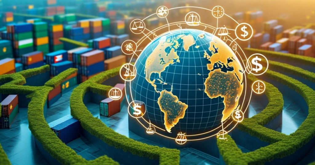 Illustration of a globe in a maze with financial symbols, representing the complexity of the global economy in 2025.