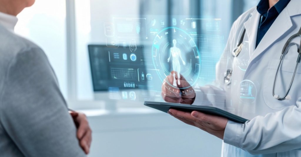 A futuristic healthcare environment featuring telemedicine platforms, wearable devices, and AI-powered tools.