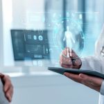 A futuristic healthcare environment featuring telemedicine platforms, wearable devices, and AI-powered tools.