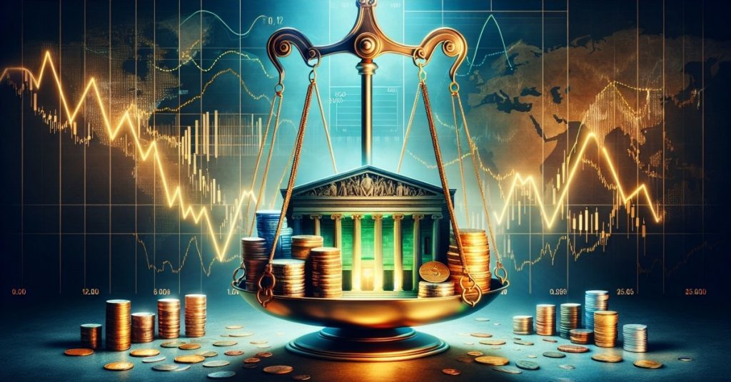 Illustration of a balancing scale with coins and an upward-trending graph, set against a glowing Federal Reserve building, symbolizing the impact of interest rate policies on investments.