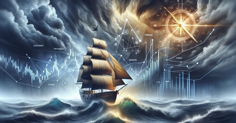 Illustration of a sturdy ship navigating rough seas, with sails symbolizing diversification, hedging, and asset allocation, set against storm clouds featuring financial charts and macroeconomic indicators.