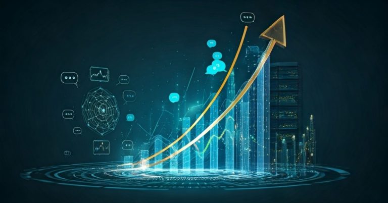 Futuristic financial illustration featuring blockchain nodes, AI neural networks, and social media analytics, with rising stock market charts and skyscrapers, symbolizing emerging trends in small cap investing
