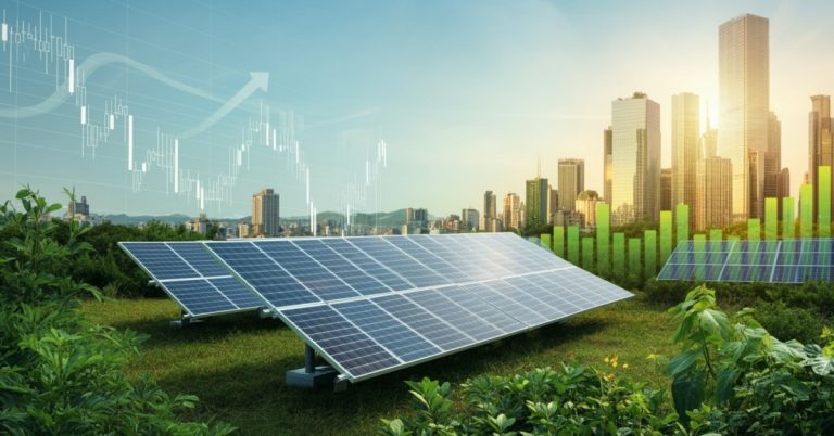 Bifacial solar panels capturing sunlight, symbolizing advancements in solar energy technology and investments