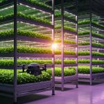 A vertical farm with LED lighting and drone monitoring fields, symbolizing innovation in sustainable agriculture.