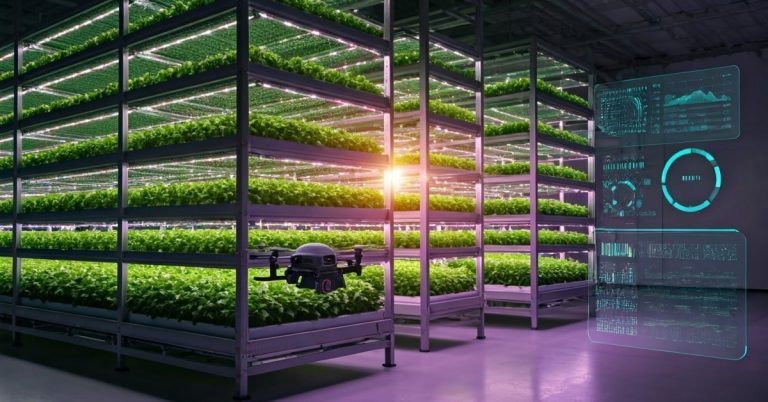 A vertical farm with LED lighting and drone monitoring fields, symbolizing innovation in sustainable agriculture.